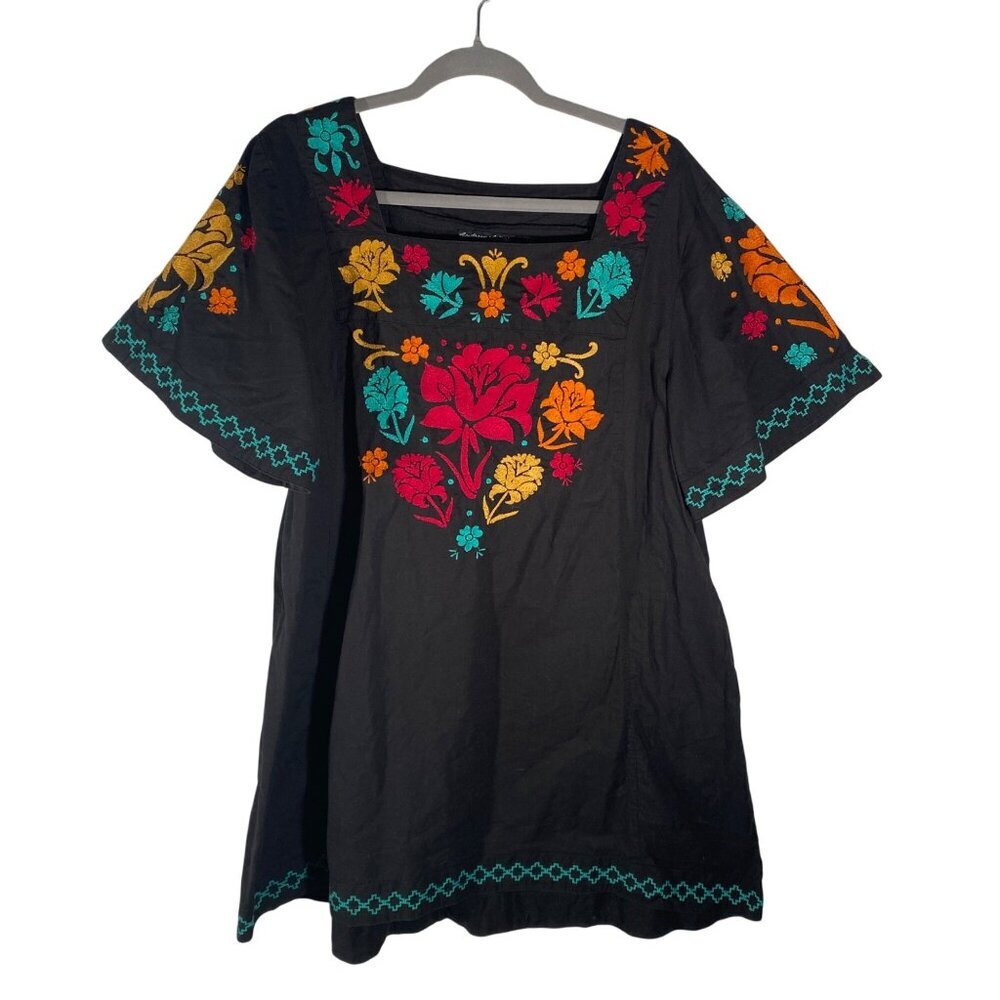Gudrun Sjödén Floral Embroidered flutter sleeve tunic top Dress L boho festival